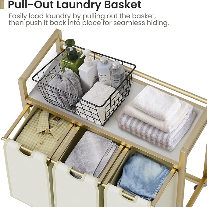 Laundry Hamper, Laundry Basket, Laundry Sorter with 3 Removable Bags, Clothes Basket with 3 Compartments, Wheels, Shelf for Laundry Room Bathroom Bedroom (3 Bags-Golden)