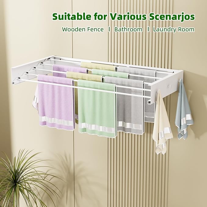 Wall Mounted Drying Rack for Laundry 31.5'', Folding Drying Rack Clothing Wall Mount with 5 Rods and 6 Hooks, Space Saving for Indoor Outdoor Bathroom Balcony (White, 31.5'')