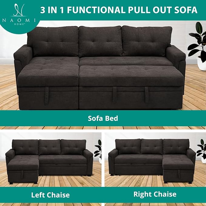 Naomi Home L-Shaped Reversible Sectional Sofa with Pull-Out Sleeper Bed and Storage Chaise, Espresso Velvet