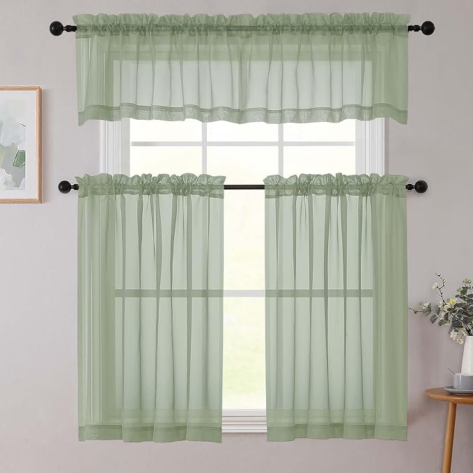 Sage Green Kitchen Curtains 30 Inch Length Tier 2 PCS, Solid Soft Half Curtains - Image 8