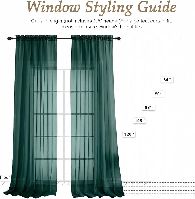 Hunter Green Sheer Curtains 63 Inches Long 2 Panels Set, Light Filtering Sheer - Image 2
