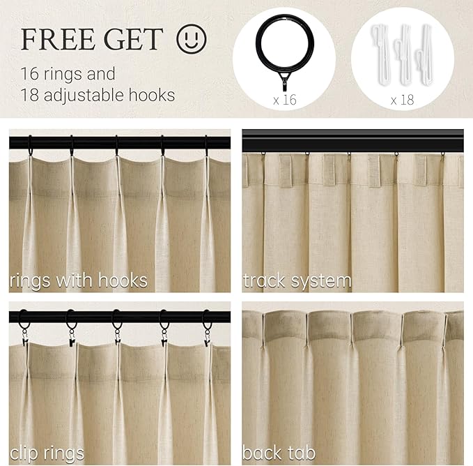 Topfinel 105 Inches Long Pinch Pleated Semi Sheer Curtains, Natural Linen - Image 2