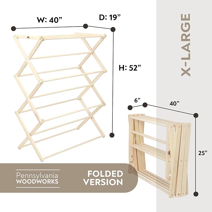Pennsylvania Woodworks Premium American Maple Clothes Drying Rack - Handcrafted in Pennsylvania - Solid Wood Construction, Collapsible, Eco-Friendly Laundry Solution (X-Large)