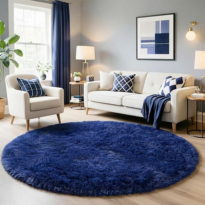 Navy Blue Round Rug 6Ft for Boys Bedroom, Large Fluffy Fuzzy Circle Area Rugs by Amdrebio