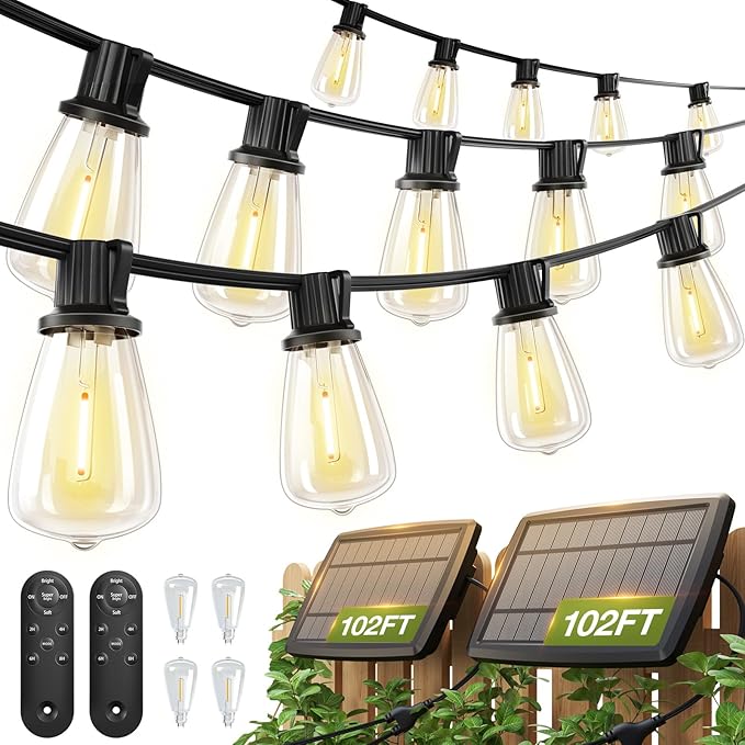 addlon 2 Pack*102FT(96+6) Solar String Lights Waterproof, Patio Lights Solar Powered with Remote & USB Port, 3 Lighting Modes 60+4 LED Shatterproof Bulbs Outdoor Light for Camping Backyard Garden