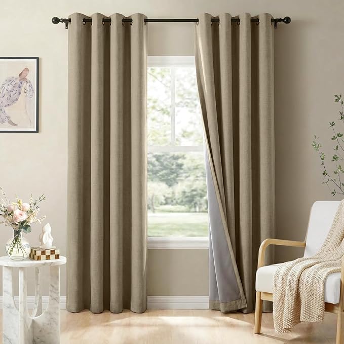 100% Blackout Linen Textured Curtains 80 Inch Long, Plaza Taupe | 100% Blackout by 100BlackoutShield