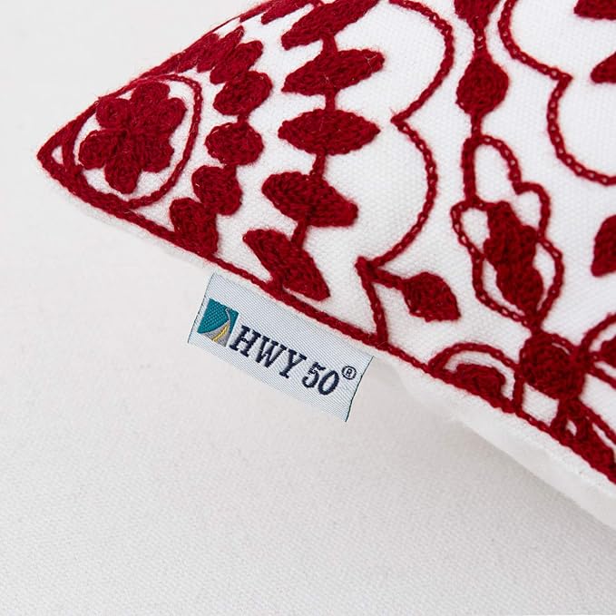 HWY 50 Red Decorative Throw Pillow Covers 18x18 Inch, Pack of 2 Embroidered Cotton Farmhouse Cushion Cover Pillow Case for Sofa Couch Living Room Bed Bedroon, Little Sunflower Design