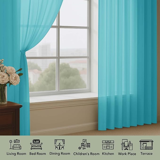 Turquoise Sheer Curtain 90 Inches Long 2 Panels Set, Solid Filmy Drapes - Image 3
