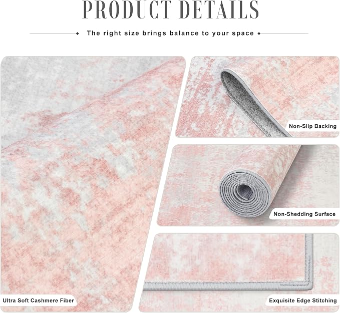 2.6x14 Washable Runner Rug:Modern Abstract Soft Carpet Pink White | - Image 5