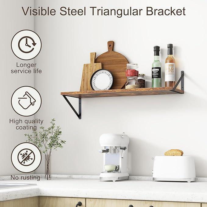 10 Inch Deep Floating Shelves, Floating Shelves 30 Inch Long, Rustic Wood Wall Shelves 30"W x 10"D, Deep Floating Shelf with Bracket, Wide Storage Shelves for Living Room, Bathroom, Rustic Brown