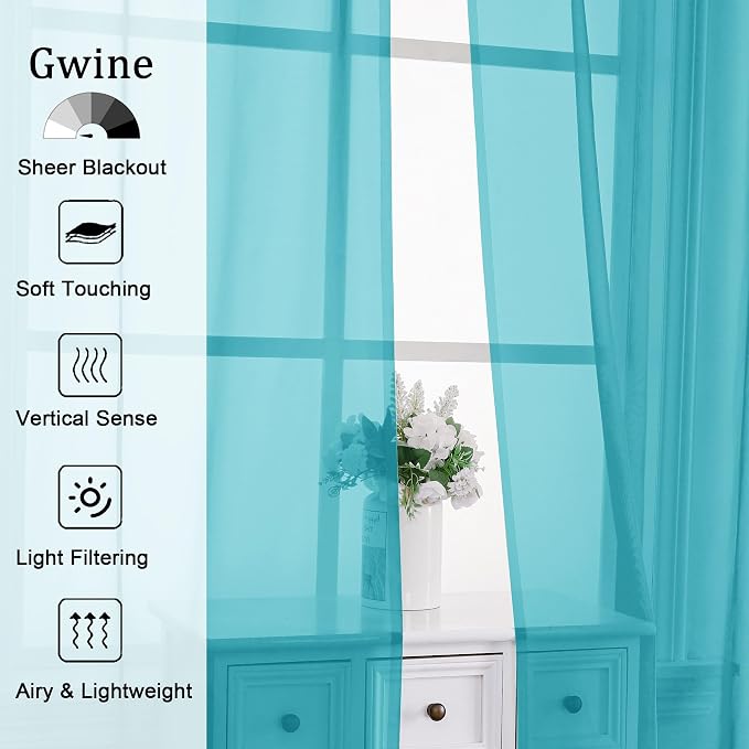Gwine Turquoise Sheer Curtains 96 Inches Long 2 Panels, Elegant Window - Image 2