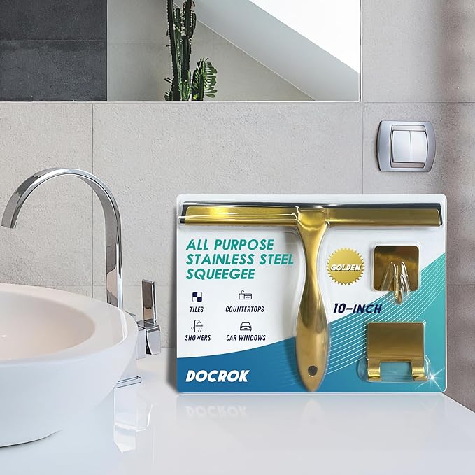 All-Purpose Stainless Steel Shower Squeegee for Shower Doors with 2 Adhesive Hooks, Bathroom Cleaner Tool Household Window Mirror Squeegee for Home Cleaning, Glass Door, Tile Wall, Car, 10 Inch Golden