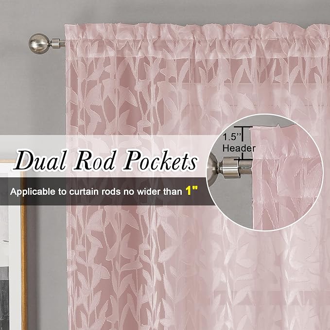 Lecloud Leia Blush Pink Sheer Kitchen Curtains 30 Inch Length 2 Pcs, Leaf - Image 5