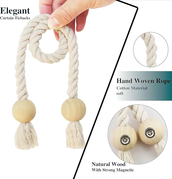 4 Pack Magnetic Curtain Tiebacks Cotton Hand Woven Tie Back Decorative Rope - Image 2
