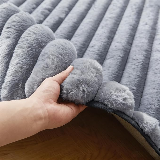Blue Grey Rabbit Striped Plush Rug 2'x3', Fluffy Shaggy Area Rug - Image 4