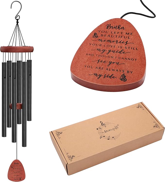 Memgift Sympathy Wind Chime for Loss of Brother - Beech Wood Memorial Wind Chime - Bereavement Gift for Loved One - Outdoor Remembrance Wind Chimes for Garden, Patio, Yard 32 Inch