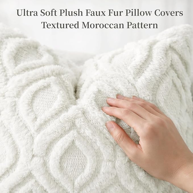 decorUhome Throw Pillow Covers 16x16 Inch Set of 2, Soft Plush Faux Wool Cream - Image 2