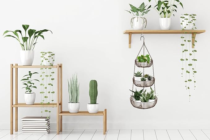 CAXXA 3-Tier Hanging Basket Fruit Organizer Kitchen Heavy Duty Wire Organizer with 2 Free Bonus Metal Ceiling Hooks(Bronze)