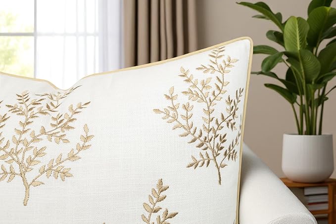 VAGMINE Embroidered Leaves Throw Pillow Cover - 20x20 Inches Square - 100% Cotton Ivory Cushion Cover - Delicate Leaf Stitchwork - Chic Home Accent for Sofa, Lounge, Rustic Farmhouse Décor