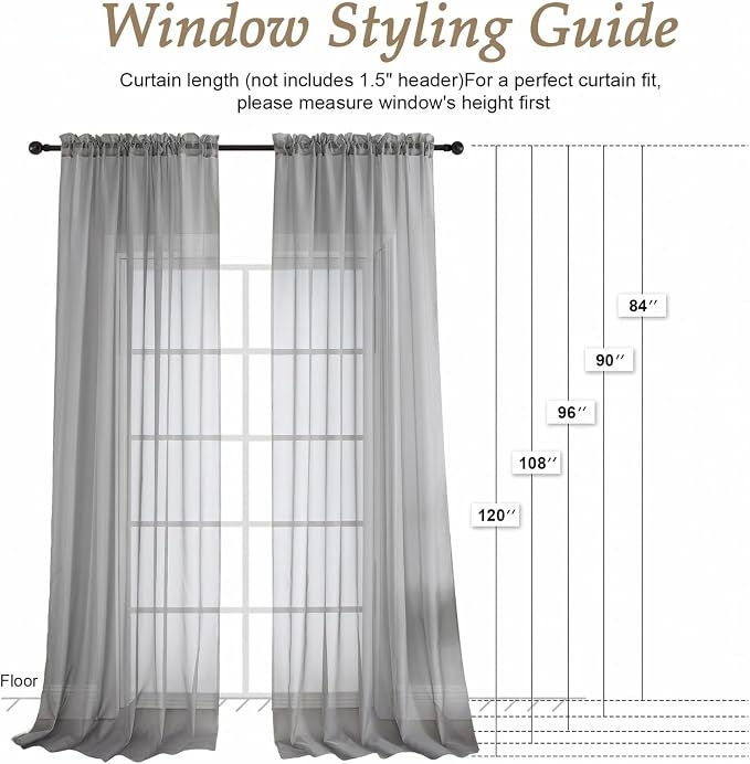 Charcoal Grey Sheer Curtains 84 Inches Long 2 Panels Set, Light Filtering Sheer - Image 2