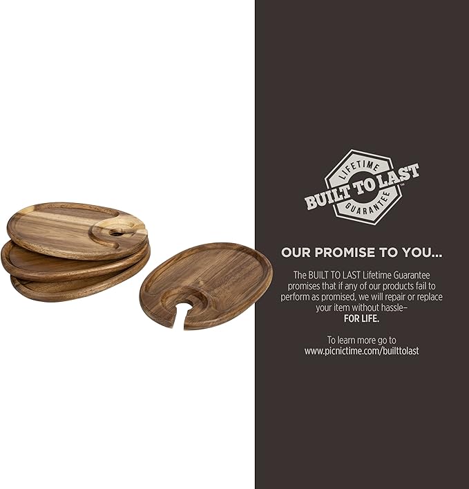 PICNIC TIME TOSCANA -Wine Appetizer Plates, Cocktail Plate with Glass Holder, Cheese Board with Wine Holder, (Acacia Wood), 9 x 6, Set of 4
