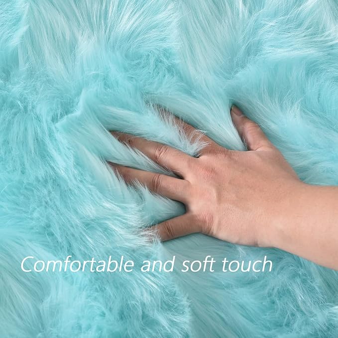 Latepis Fluffy Light Blue Round Rug 5ft Faux Fur Fluffy Washable Rugs Shag - Image 4