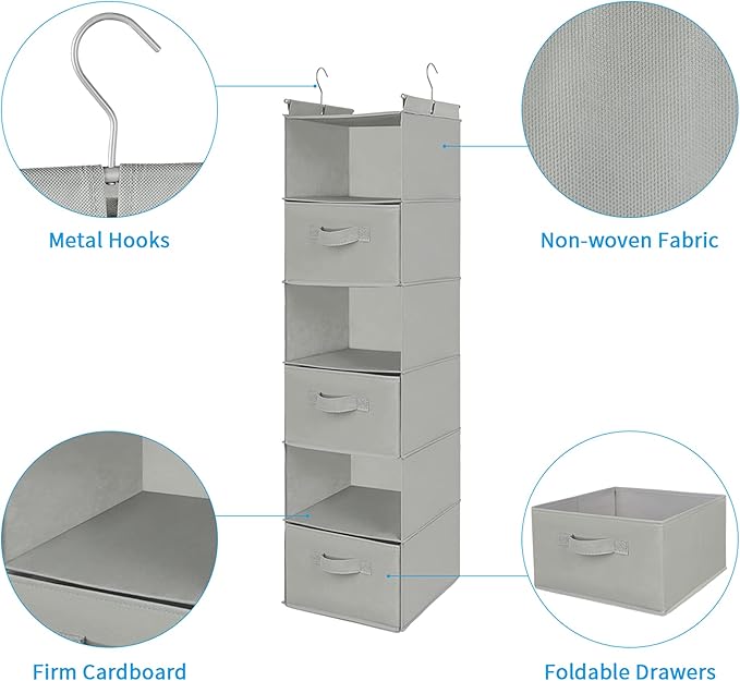 MAX Houser 6 Tier Shelf Hanging Closet Organizer, Closet Hanging Shelf with 2 Sturdy Hooks for Storage, Foldable (Light Grey-D3)