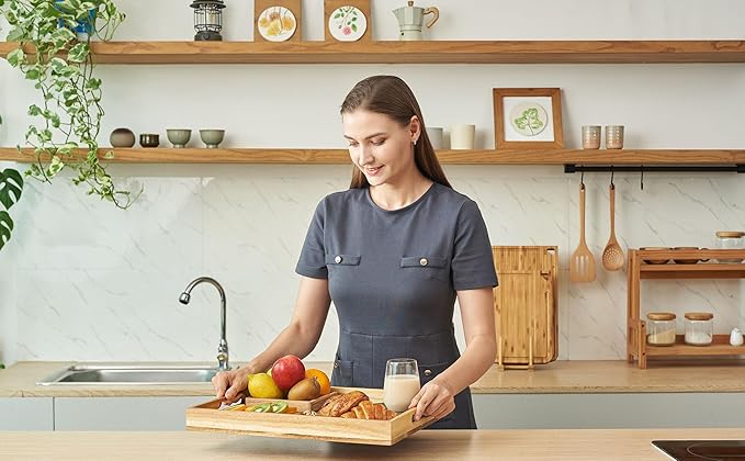 Koppen Acacia Wood Serving Tray with Handles, 17" x 13.86", Large Wooden Platter for Breakfast, Ottoman Tray for Party, Snacks, Fruit, Coffee Table, Living Room, Sofa, Bed, Outdoor