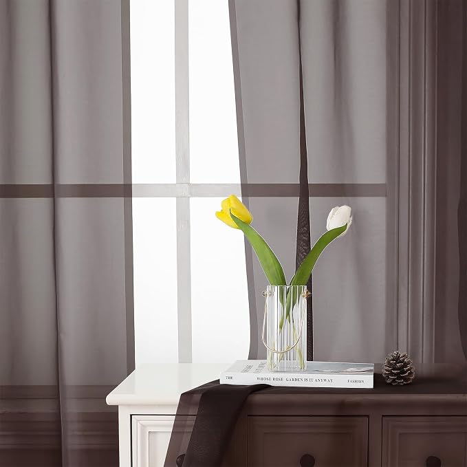 Lecloud Chocolate Sheer Curtains 72 Inches Long 2 Panels, Rod Pocket Voile - Image 7
