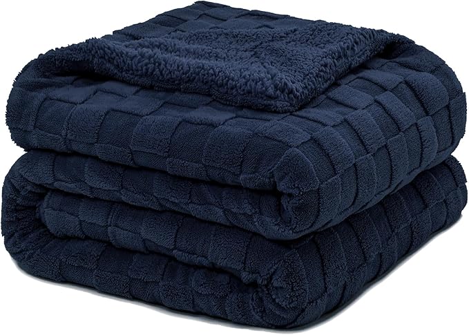 Pawque Super Soft Cozy Throw Blanket Twin Size for Couch Bed, Fluffy Sherpa Fleece Reversible Thick Warm Fuzzy Blanket for All-Season, 3D Checkered Jacquard Decorative Blankets, Navy Blue, 60" x 80"