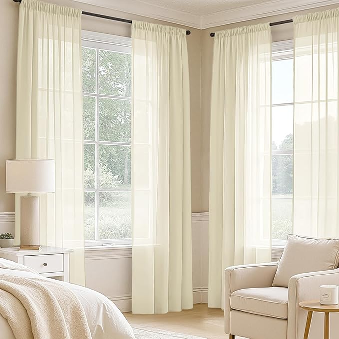 MIULEE Light Cream Sheer Curtains 102 Inches Long 4 Panels 42 x 102 Inches | - Image 2