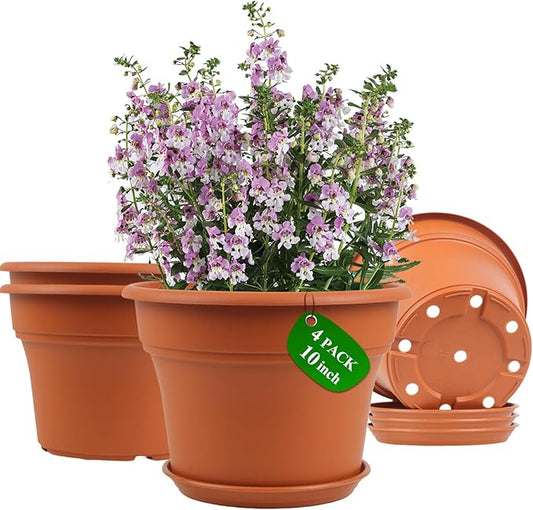 10 Inch Plastic-Flower-Pot-for-Indoor-Plants, 4 Pack Large Outdoor Planter Pot with Drainage Holes & Saucers, Resin Decorative Garden Pots Planters