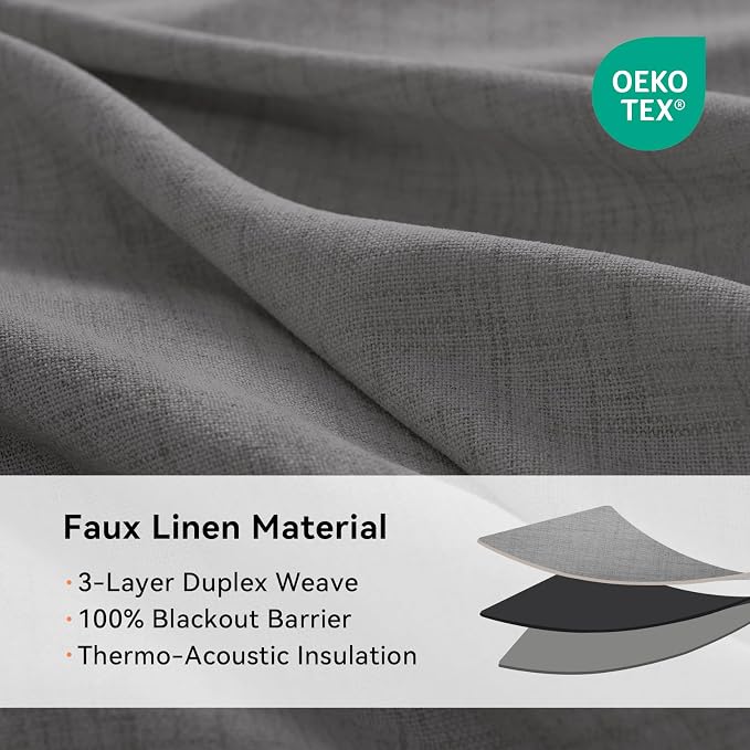 100% Blackout Linen Textured Curtains 63 Inch Long, Dark Gray | 100% Blackout - Image 4