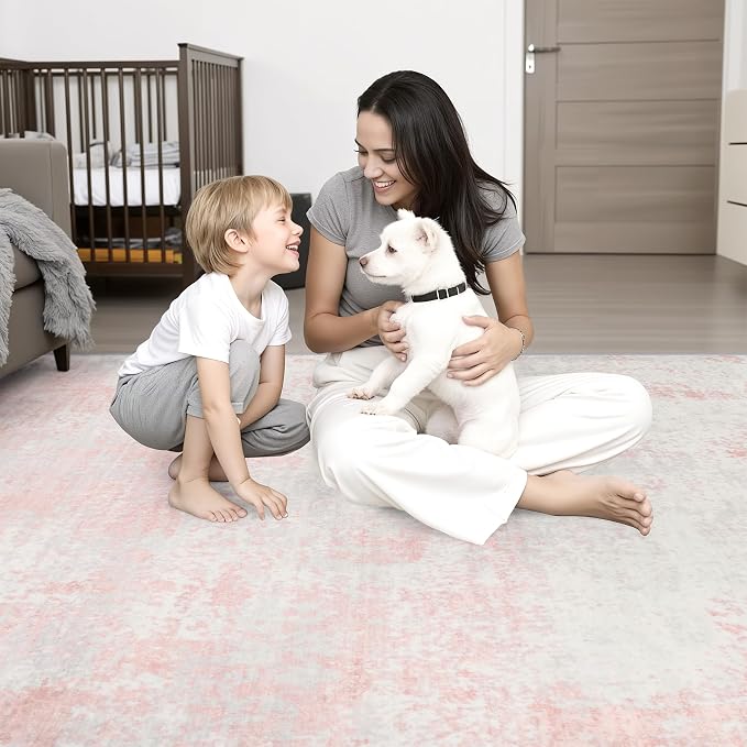8x10 Area Rug Living Room: Modern Washable Soft Carpet Pink White | - Image 9
