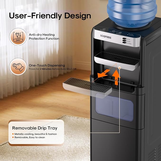 ICEPURE 3-in-1 Water Dispenser with Ice Maker, Water Cooler Dispenser for 5 Gallon Bottle Built-in Bullet Ice Maker Top Loading, Hot and Cold Water Dispenser for Home/Office, 33lbs/24H, Child Lock