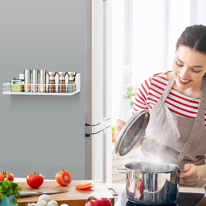 Magnetic Shelf for Fridge Magnetic Basket Organizer Wire Mesh Magnetic Holder Magnet Shelf Accessories for Office Kitchen Classroom Storage,White, 13.77" x 5.11" x 1.7"