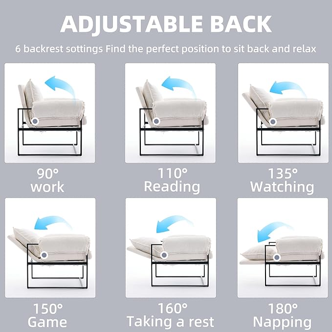 YISHENG Accent Chair with 6-Angle Adjustable Backrest, Chenille Fabric Living Room Chair Upholstered Lounge Chair, Modern Chair Cozy Reclining Chair for Reading Room, Set of 2 White