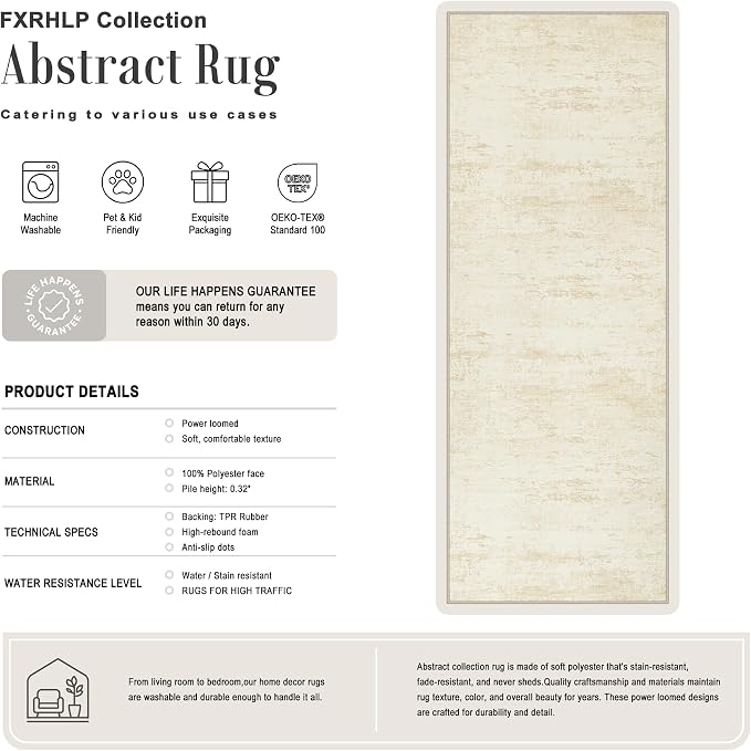 2.6x10 Washable Runner Rug:Modern Abstract Indoor Soft Carpet Beige | - Image 2