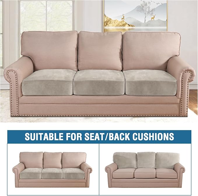 H.VERSAILTEX Velvet Stretch Couch Cushion Cover Plush Cushion Slipcover for Chair Loveseat Sofa Cushion Furniture Protector Seat Cushion Sofa Cover (3 Piece XL Sofa Cushion Covers, Oatmeal)