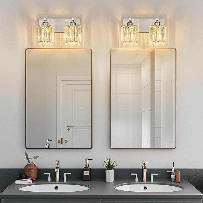 Modern Vanity Light 2-Lights Brushed Nickel Vanity Light Crystal Bathroom Wall Light Bathroom Light Fixtures