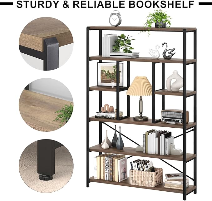 LVB Tall Industrial Etagere Bookcase, Modern Wood Large Open 6 Tier Bookshelf, Vintage Wide Metal Book Shelf Organizer, Farmhouse Book Shelves for Bedroom Living Room Home Office Storage, Rustic Oak