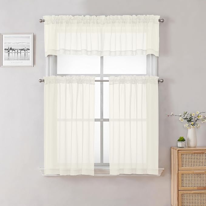 Lecloud Ivory Sheer Valances for Windows 18 Inch Length 2 Pcs, Cafe Kitchen - Image 6