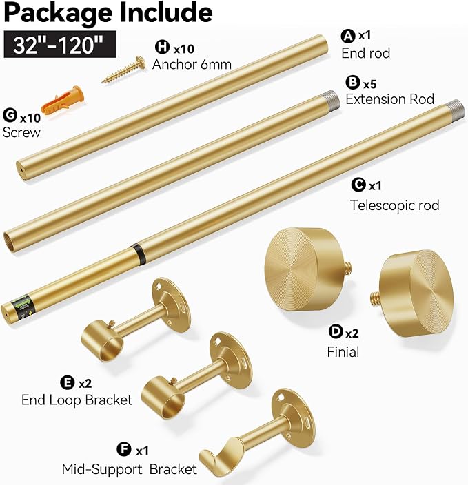 YaFex Heavy Duty Curtain Rods 32-120 Inch, 1 Inch Adjustable Gold Curtain Rod - Image 8