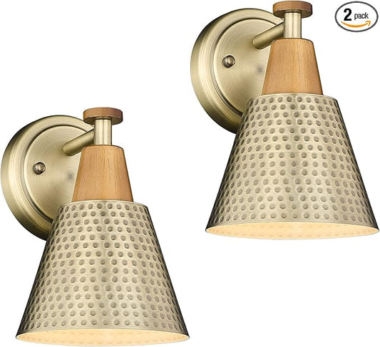 FEMILA Bathroom Light Fixtures 2 Pack, Antique Brass Vanity Light with Hammered Metal Shade, 2-Lights Bath Wall Mounted Lights Wall Lamp for Mirror Kitchen Bedroom, 4FG59B-2 BG