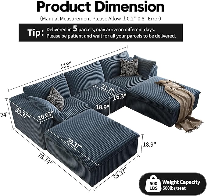 118" Cloud Couch Modular Sectional Sofa for Living Room,Modern Sofa with Deep Seat，U-Shape Boneless Couch with 2 Ottoman,Comfy Upholstered Corduroy Couches for Apartment, Studio, Office,Bedroom，Blue
