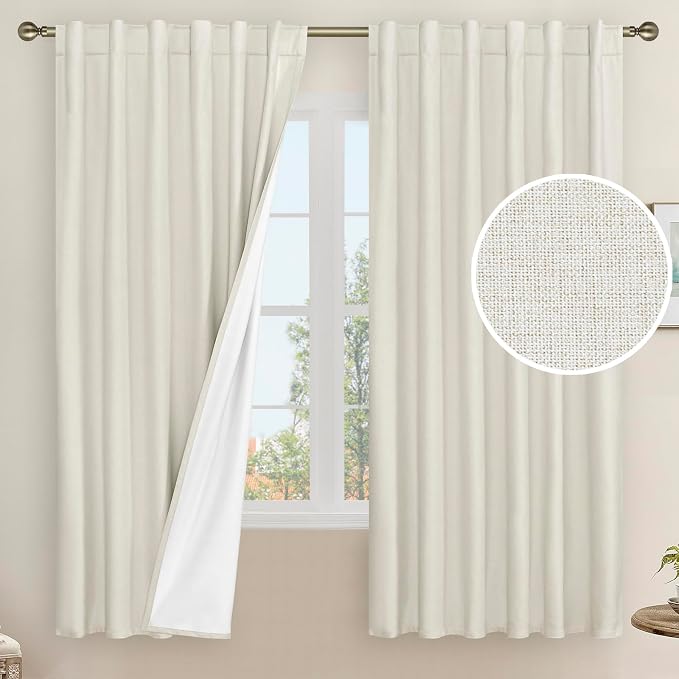 100% Blackout Natural Polyester Curtains, 63 Inches Linen Textured Thermal by LAMIT