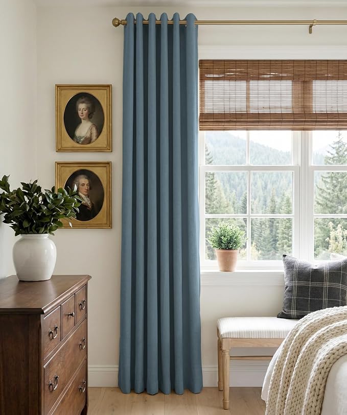 100% Blackout Linen Textured Curtains 96 Inch Long, Stone Blue | 100% Blackout - Image 2
