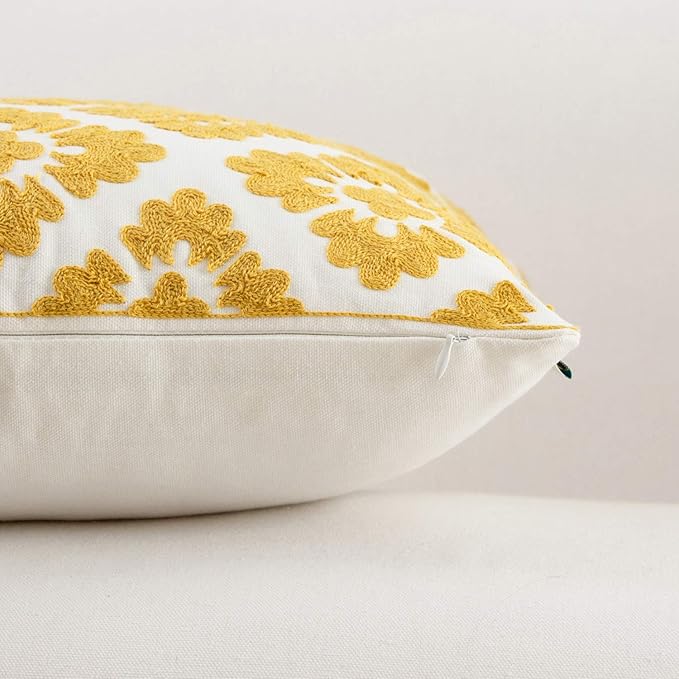 HWY 50 Mustard Yellow Decorative Throw Pillow Covers 18x18 Inch, Pack of 2 Embroidered Cotton Farmhouse Cushion Cover Pillow Case for Sofa Couch Living Room Bed Bedroon, Geometric Diamond Floral