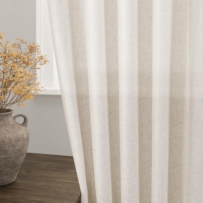 Beige Faux Linen Curtains 84 Inch Length 2 Panels - Image 2