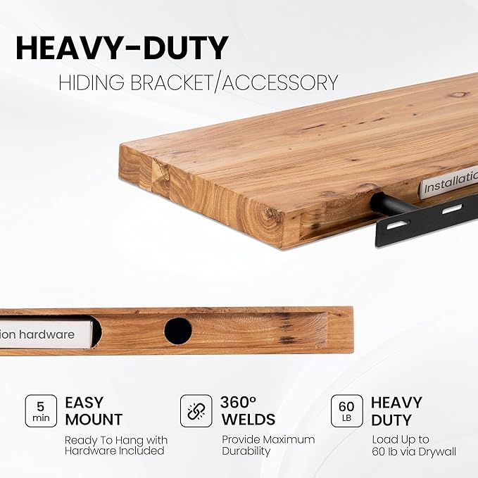 Floating Shelves for Wall, 24"x9.3" Rustic Solid Live-Edge Elm Wood Wall Shelves, Heavy-Duty Floating Shelves with Invisible Brackets, Set of 2 for Living Room, Bedroom, and Kitchen, Natural Finish